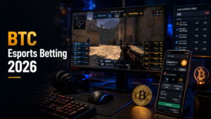 BTC esports betting guide showing cryptocurrency and gaming controller for 2026