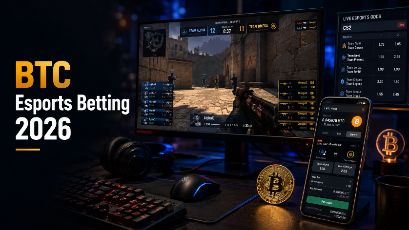 BTC esports betting guide showing cryptocurrency and gaming controller for 2026