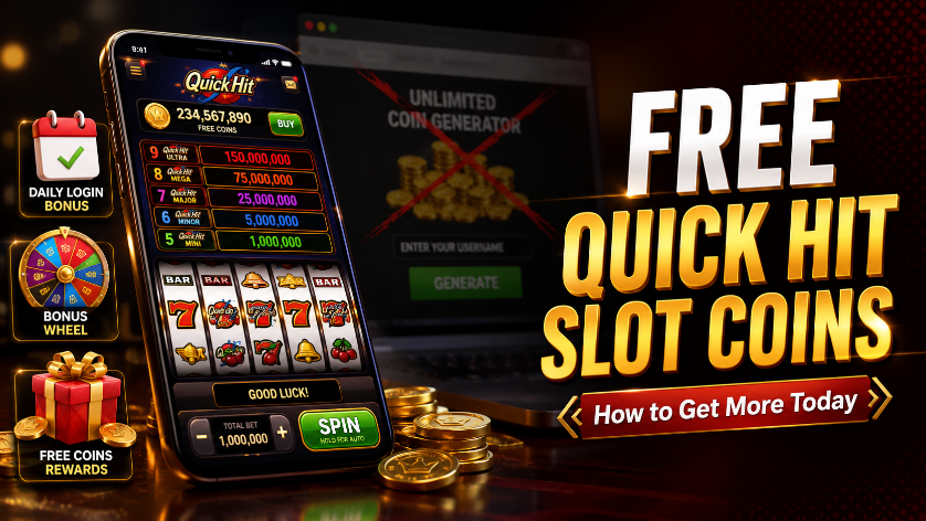 Free Quick Hit slot coins guide showing casino slot machine symbols